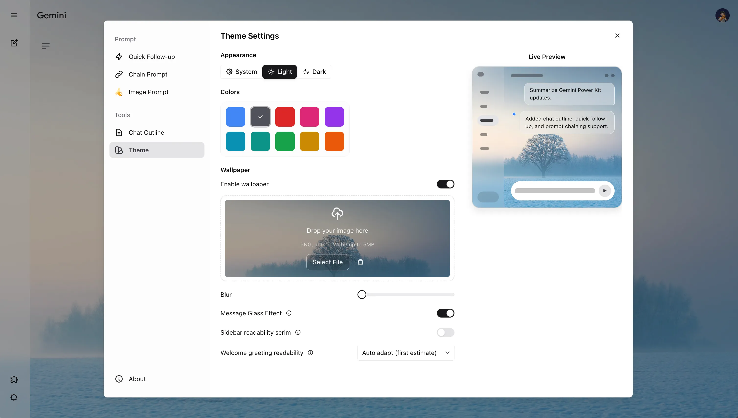 Theme Settings showing appearance mode, color presets, wallpaper, and readability options