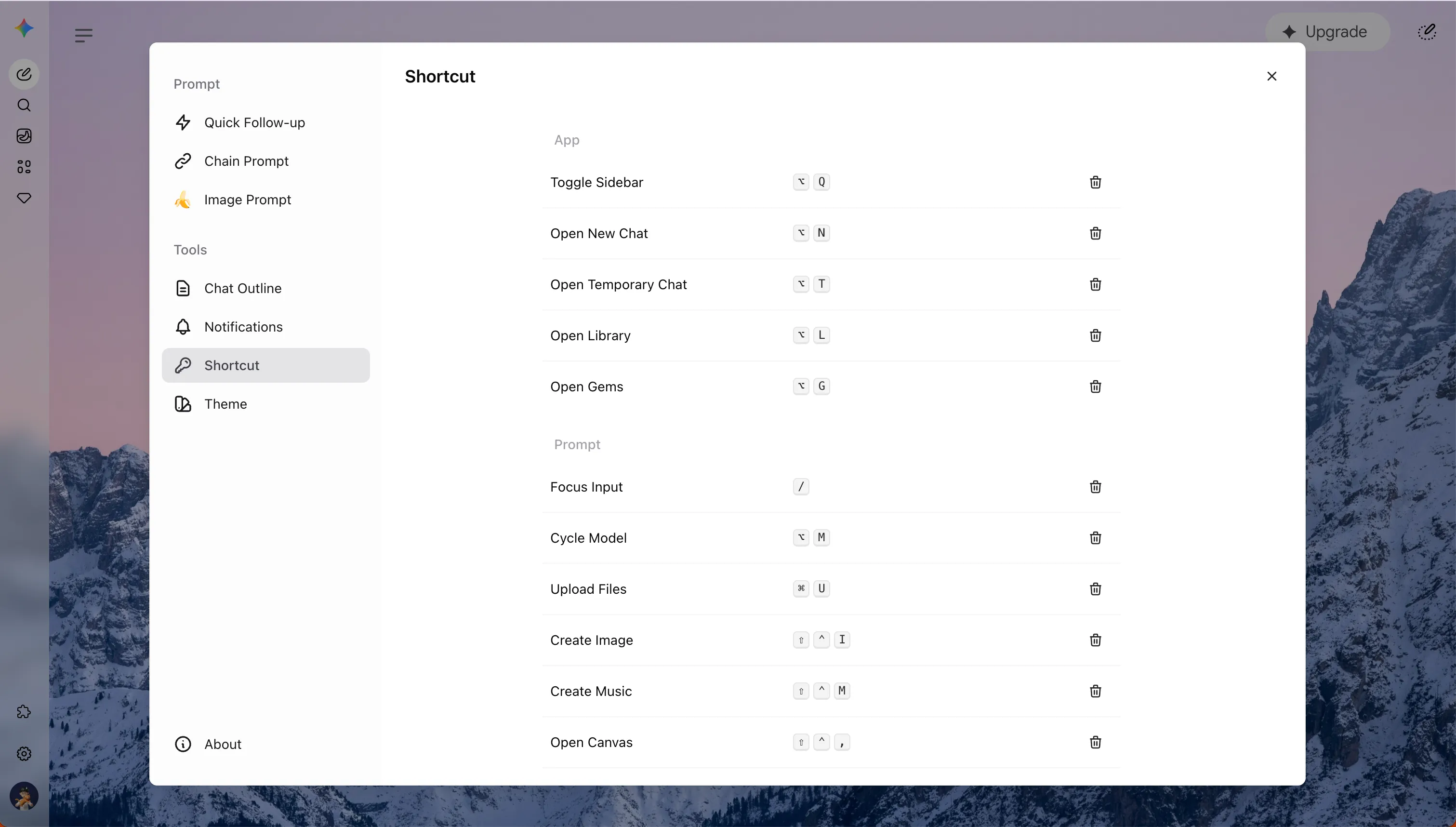 Gemini Power Kit Shortcut settings grouped by Gemini Power Kit, App, and Prompt actions