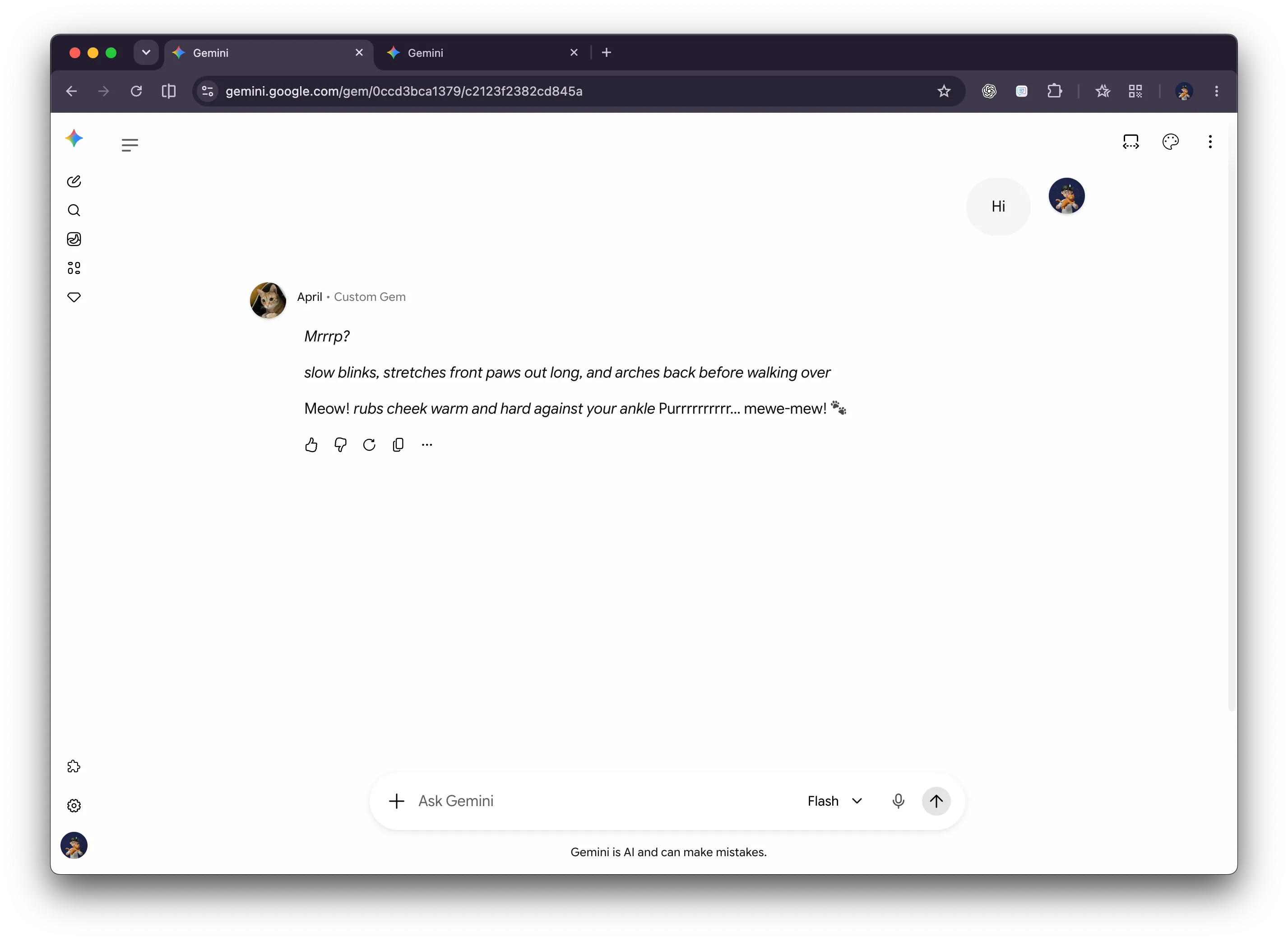 Gemini Gem conversation showing a custom cat avatar beside the Gem April