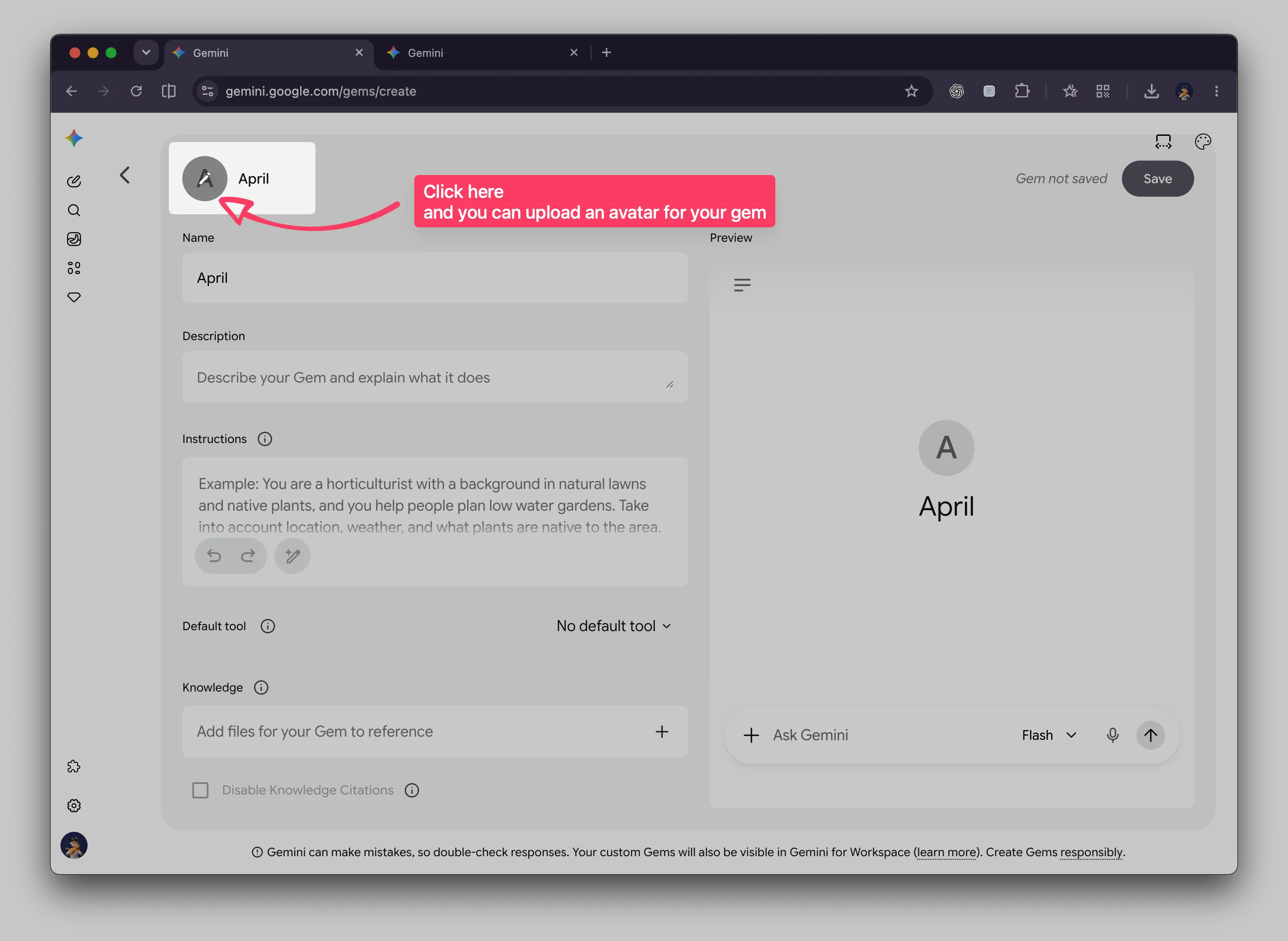 Google Gemini 的 Gem 新建页面，箭头指向 Gem 名称旁的圆形头像上传入口