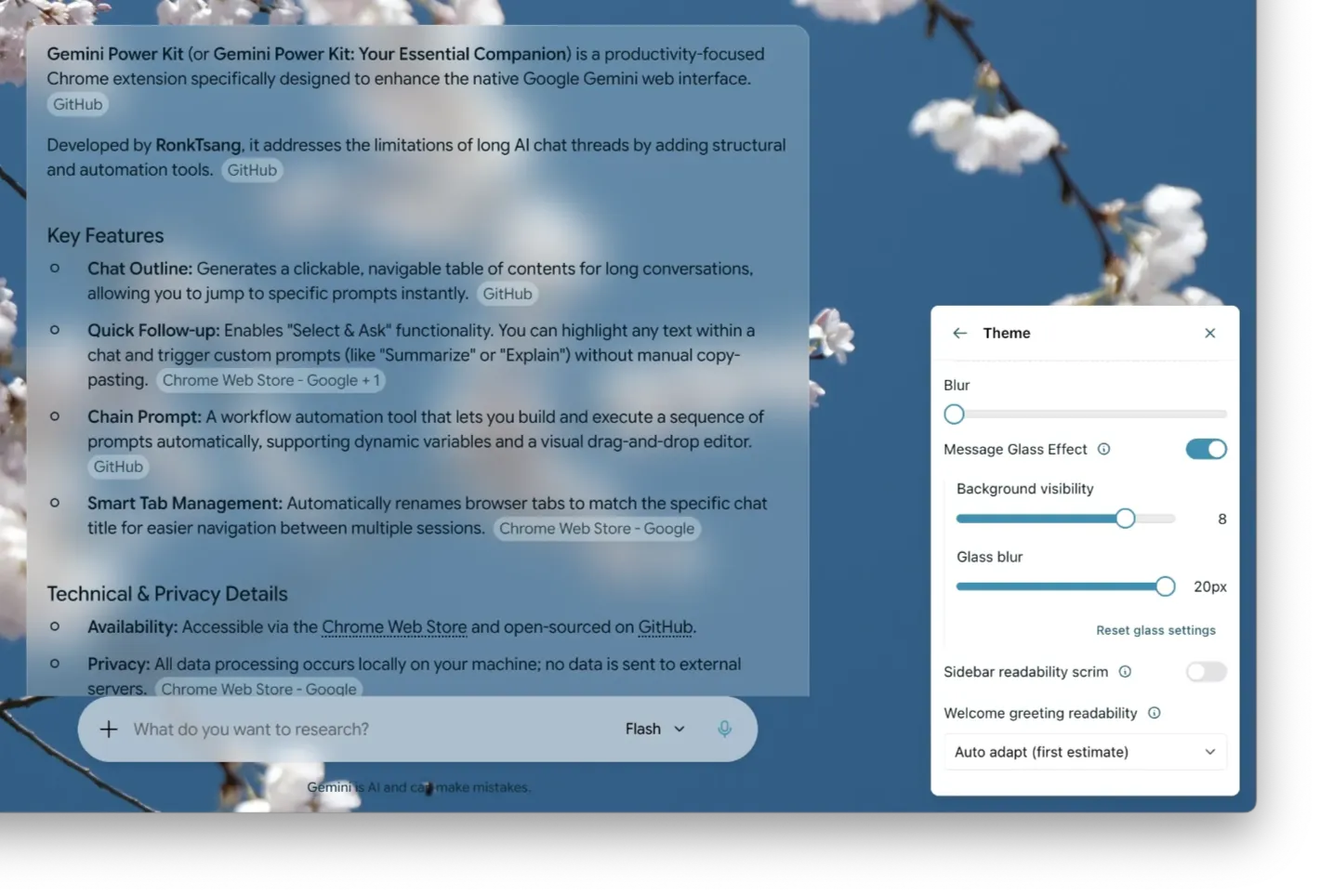 Glass effect controls for tuning Gemini message transparency and blur